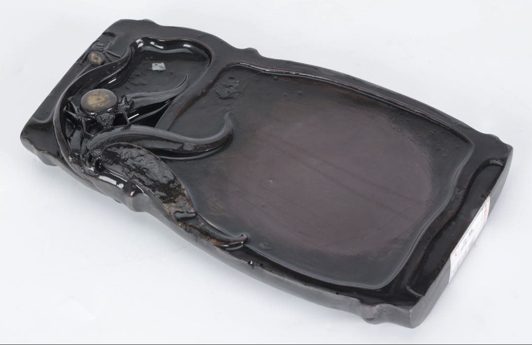 時代物 端渓硯 坑仔岩 蜘蛛紋竹形硯 唐木箱付 書道具 文房四宝 古美術 骨董品