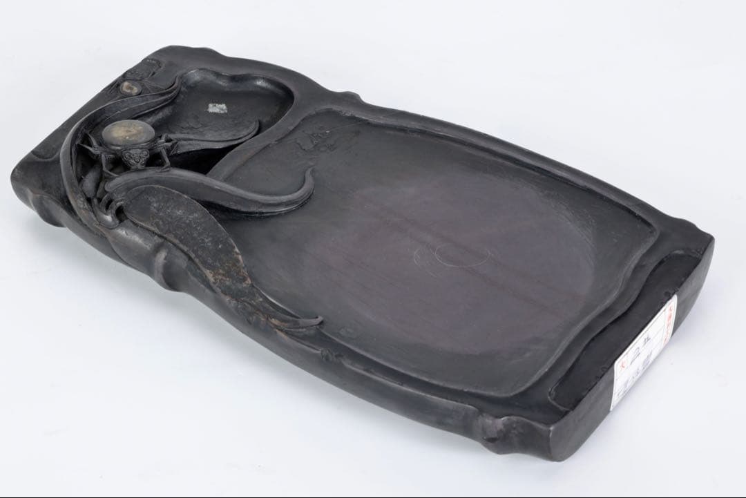 時代物 端渓硯 坑仔岩 蜘蛛紋竹形硯 唐木箱付 書道具 文房四宝 古美術 骨董品