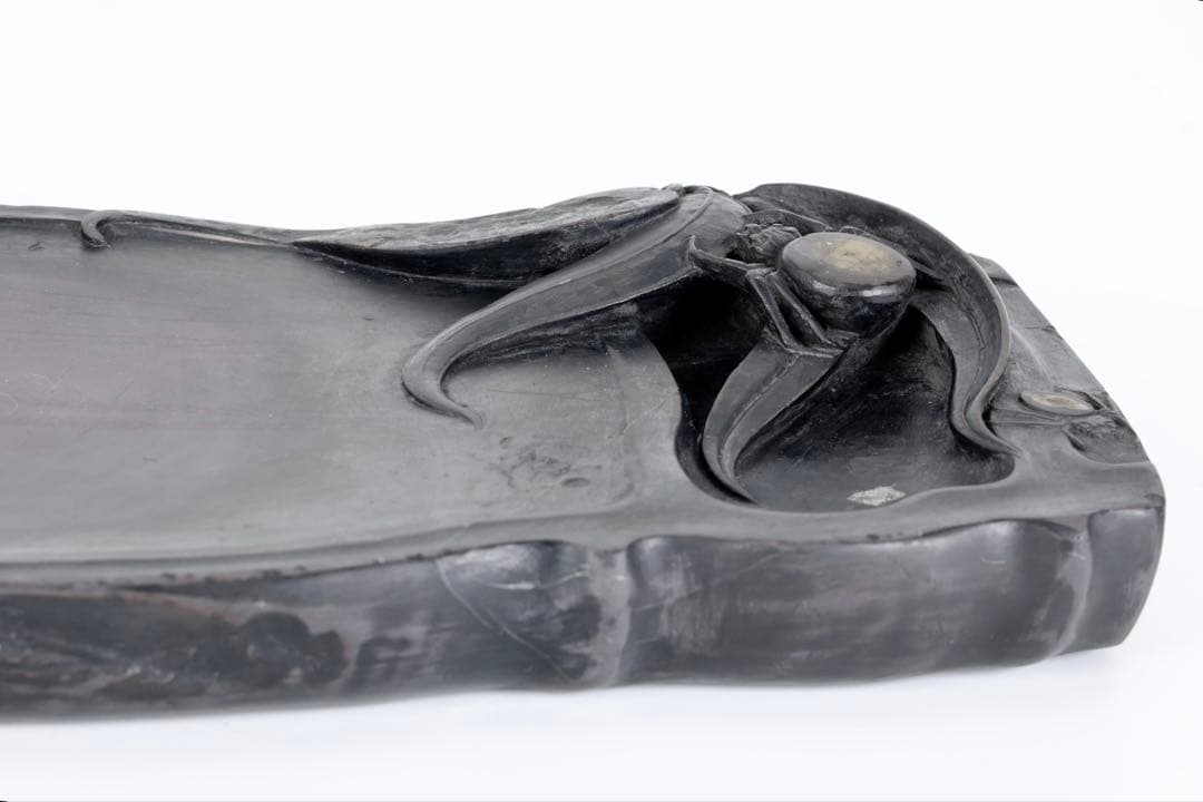 時代物 端渓硯 坑仔岩 蜘蛛紋竹形硯 唐木箱付 書道具 文房四宝 古美術 骨董品