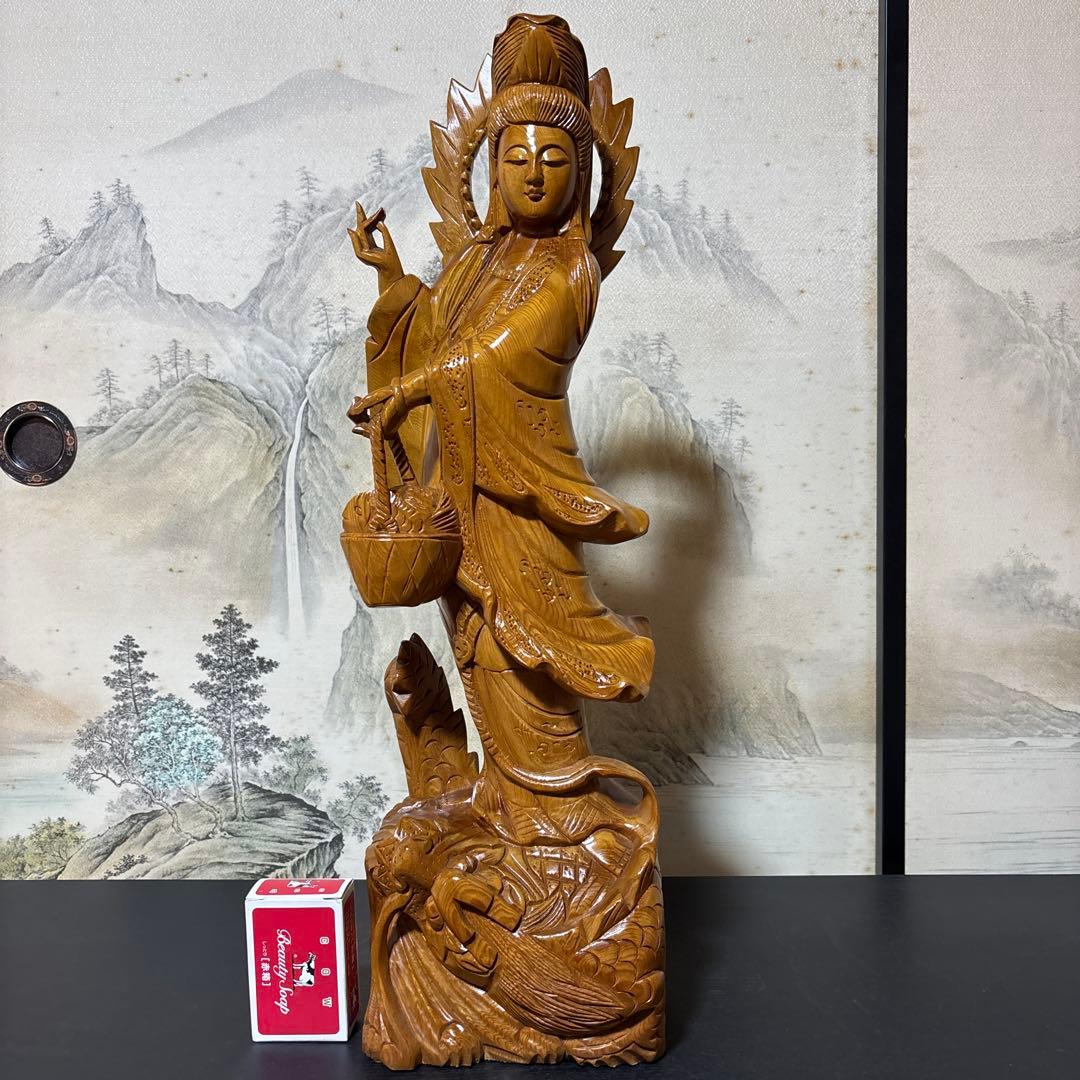 大型 龍乗り　観音菩薩 木彫　仏像 彫刻　開運　風水　置物　縁起物　インテリア