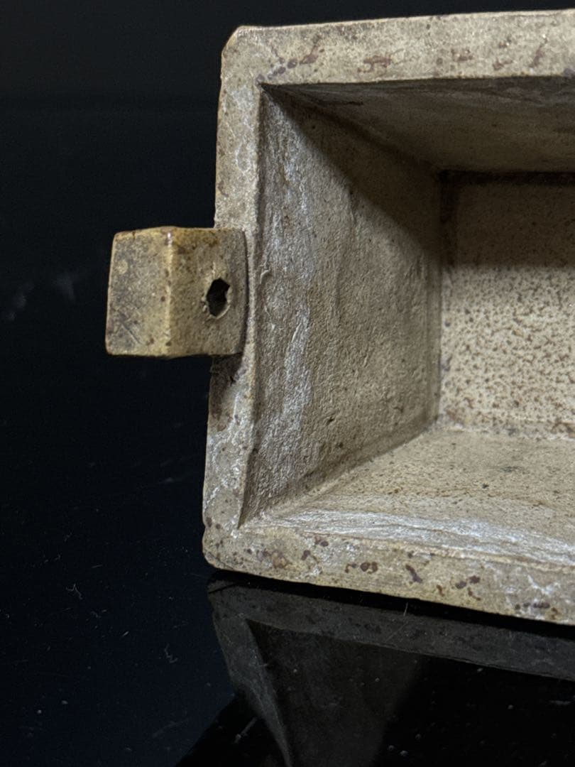 珍品 平安 名人 東福寺 在銘 白泥 耳付箆目四方型 香炉 盆栽鉢 水盤 初期