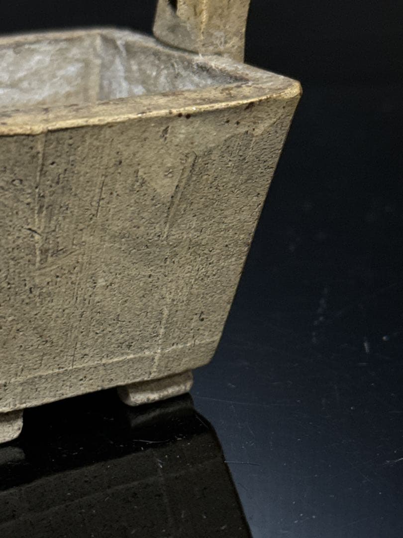 珍品 平安 名人 東福寺 在銘 白泥 耳付箆目四方型 香炉 盆栽鉢 水盤 初期