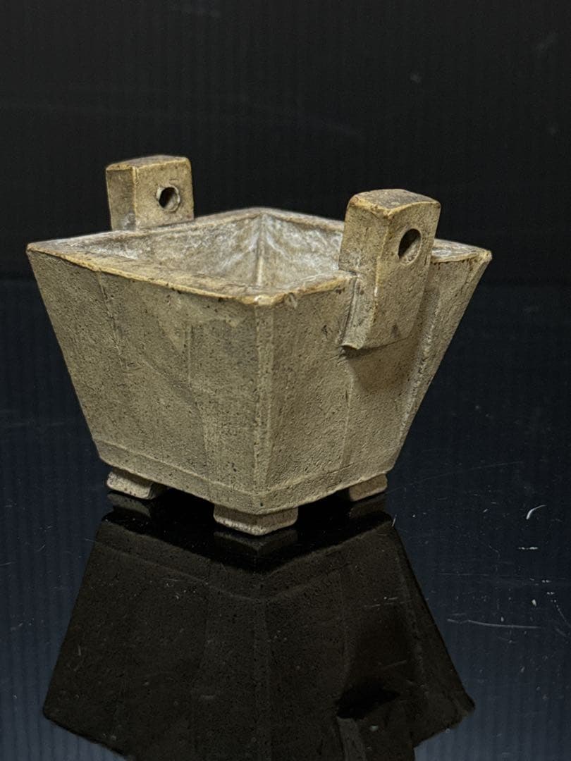 珍品 平安 名人 東福寺 在銘 白泥 耳付箆目四方型 香炉 盆栽鉢 水盤 初期