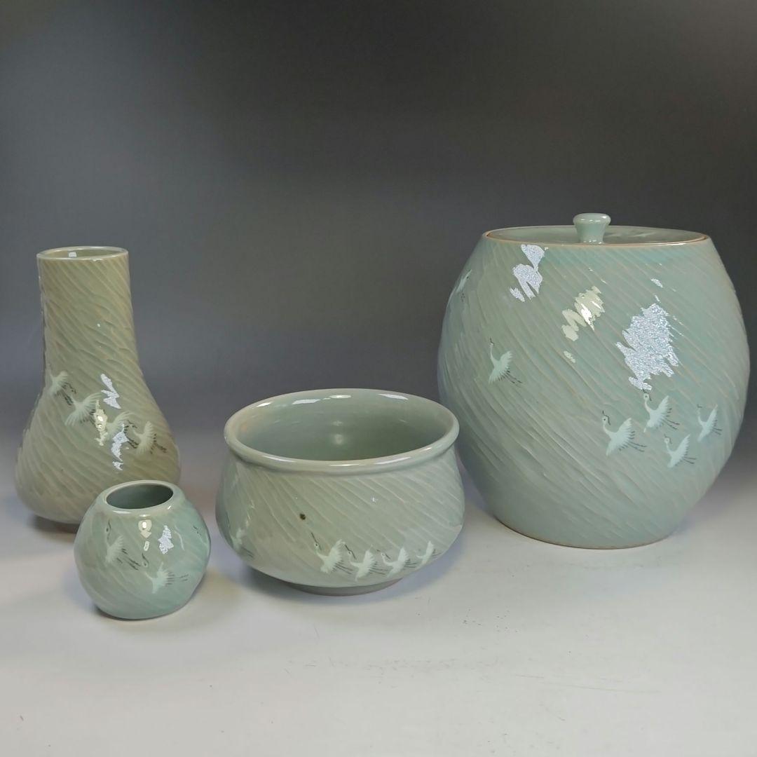 イ892 皆具『東國窯作』『韓国青磁鶴象嵌文　皆具　共箱』茶道具