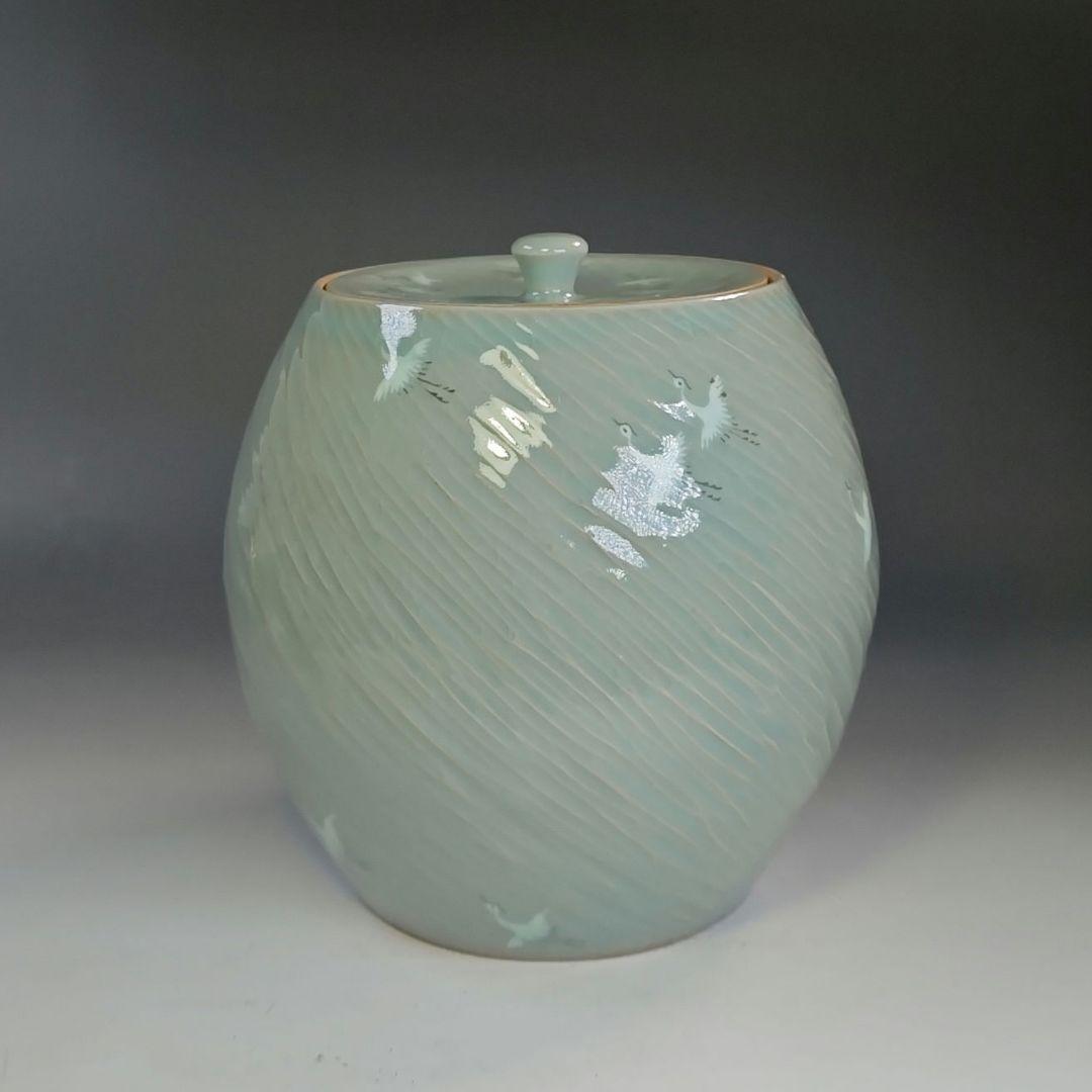 イ892 皆具『東國窯作』『韓国青磁鶴象嵌文　皆具　共箱』茶道具