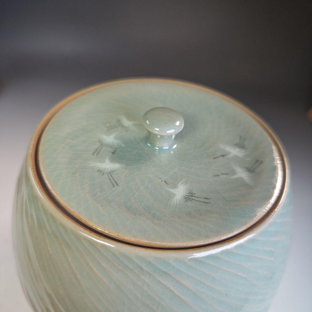 イ892 皆具『東國窯作』『韓国青磁鶴象嵌文　皆具　共箱』茶道具