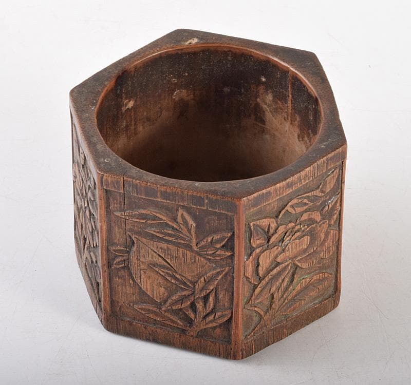 中国　書道具　古竹　花彫　筆筒　M　R4936