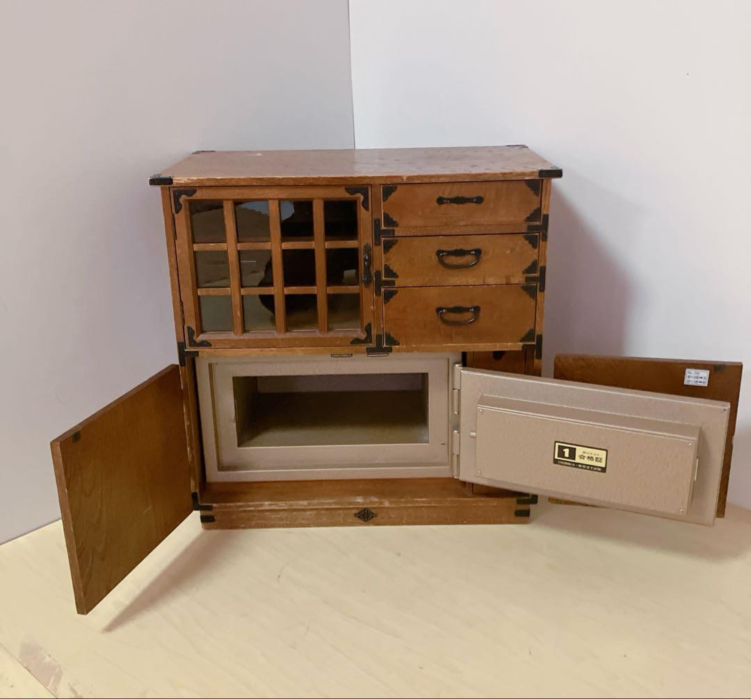 からくり箪笥　耐火金庫付き　アンティーク　昭和レトロ　小物入れ　鍵　ナンバー付き