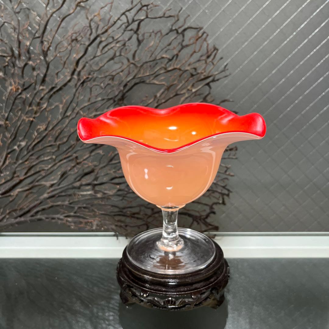 骨董　時代　２色バイカラーフリル 乳白色ガラス　橙色　脚付コンポート　菓子器