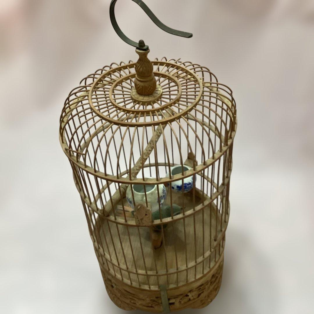 高級英国アンティーク香木鳥かごと彫刻台座　シノワズリ　ウグイス鳴きます　景徳鎮