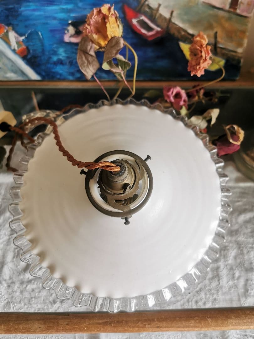 アンティーク フランス 透明＆ミルクガラスフリル シーリングランプ＆レースセット