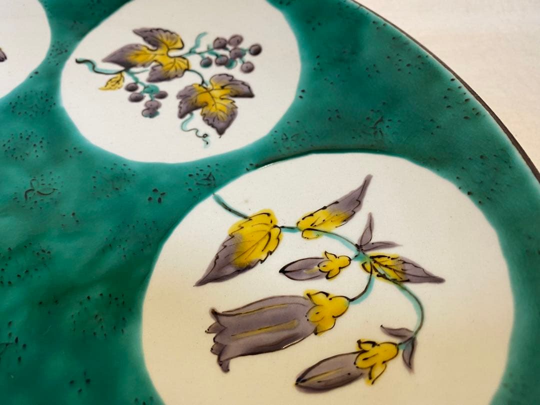 九谷　古九谷　青九谷　色絵　大皿　花の図