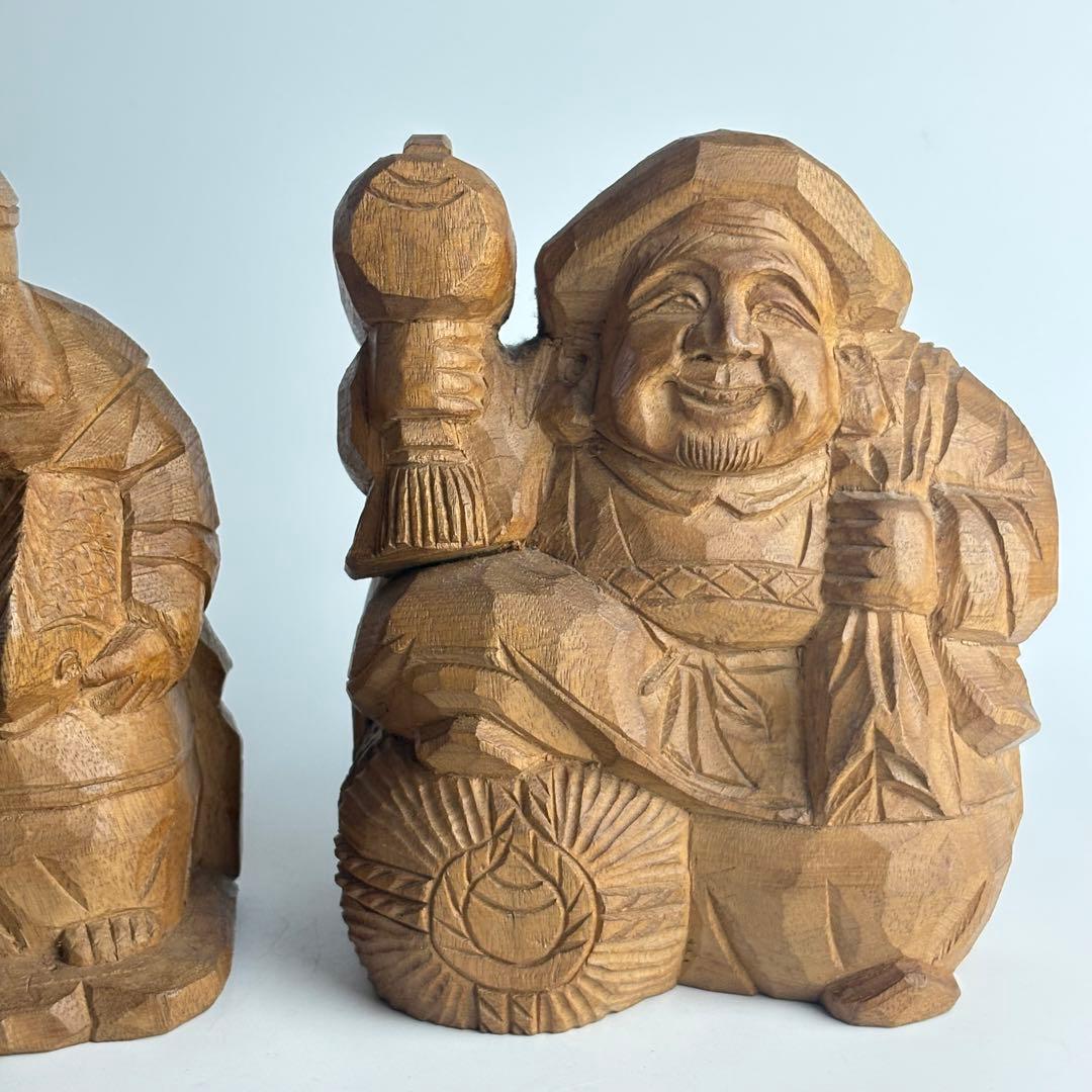 木彫 大黒天 恵比寿 骨董 象信 在銘 木彫り