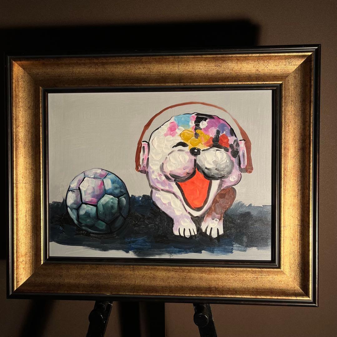 手書き油絵 フットドッグ 額付 絵画 インテリア 油彩画