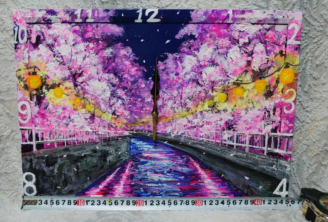 油絵 絵画 時計【夜桜】