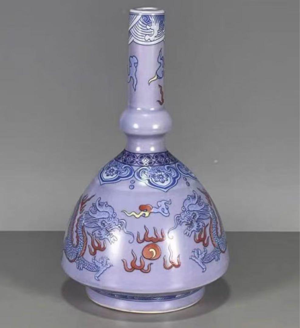 中国古美術・旧蔵粉彩　紫釉浮彫 開運龍紋瓶・置物・極細工・純手描き・旧家珍蔵