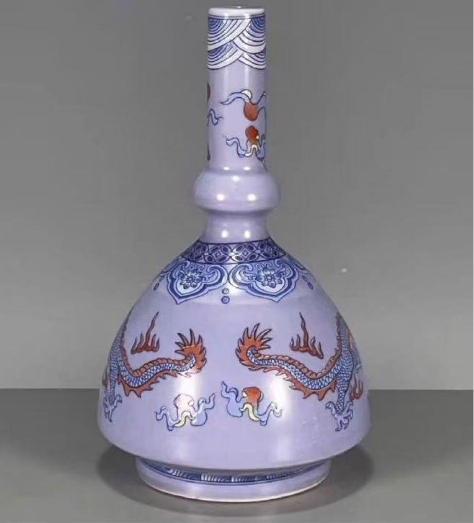 中国古美術・旧蔵粉彩　紫釉浮彫 開運龍紋瓶・置物・極細工・純手描き・旧家珍蔵