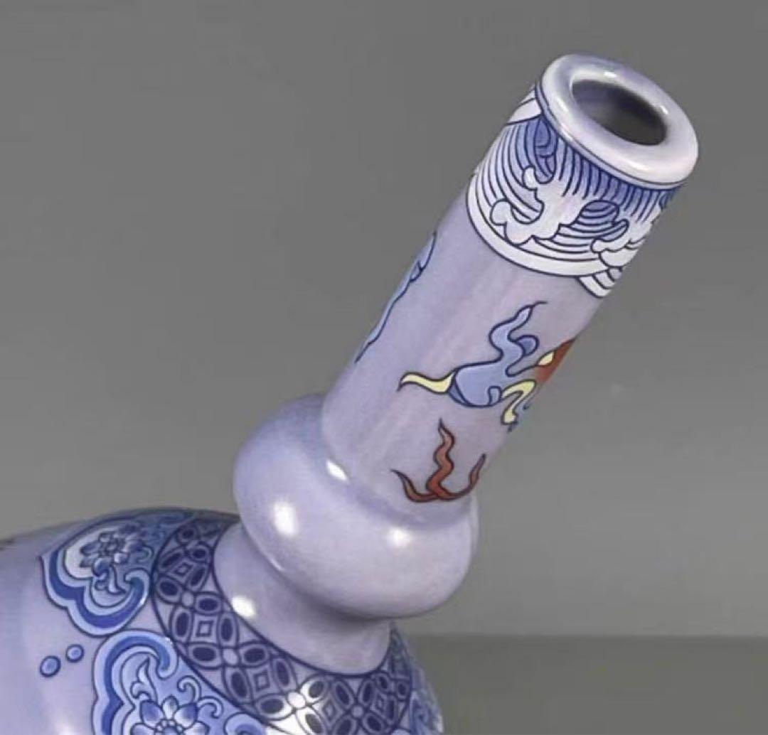 中国古美術・旧蔵粉彩　紫釉浮彫 開運龍紋瓶・置物・極細工・純手描き・旧家珍蔵