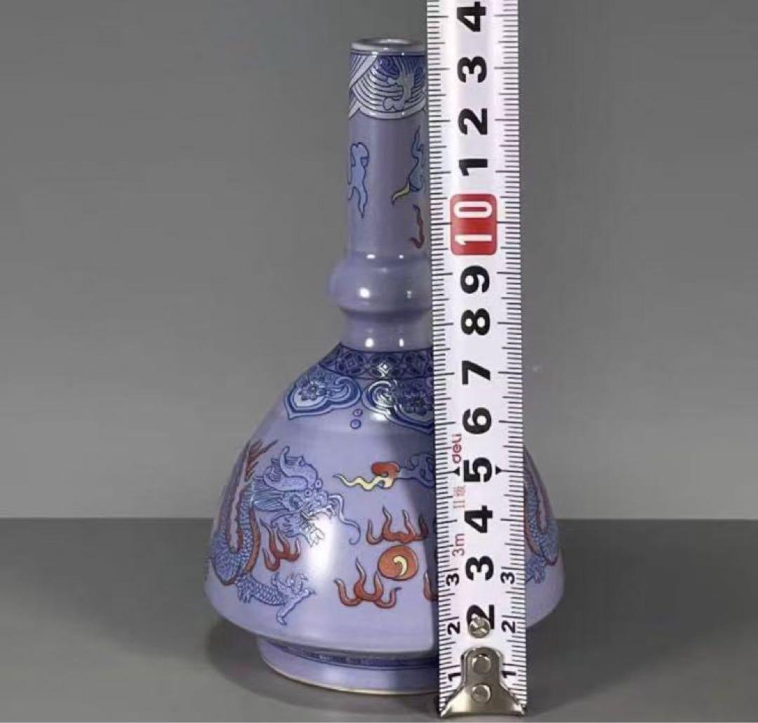 中国古美術・旧蔵粉彩　紫釉浮彫 開運龍紋瓶・置物・極細工・純手描き・旧家珍蔵