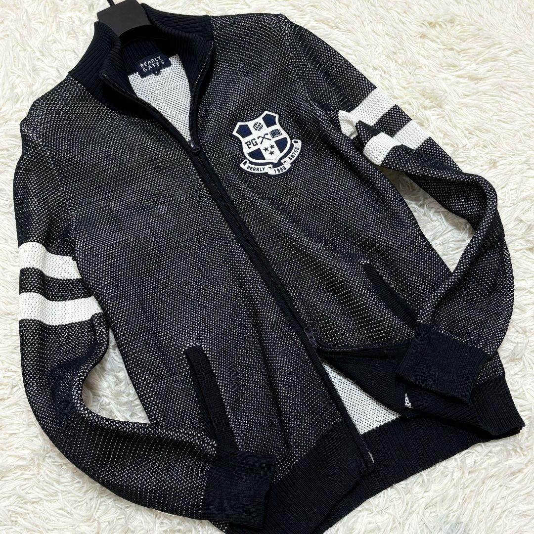 美品 パーリーゲイツ エンブレムロゴ ドライバーズニット ダブルジップ メッシュ