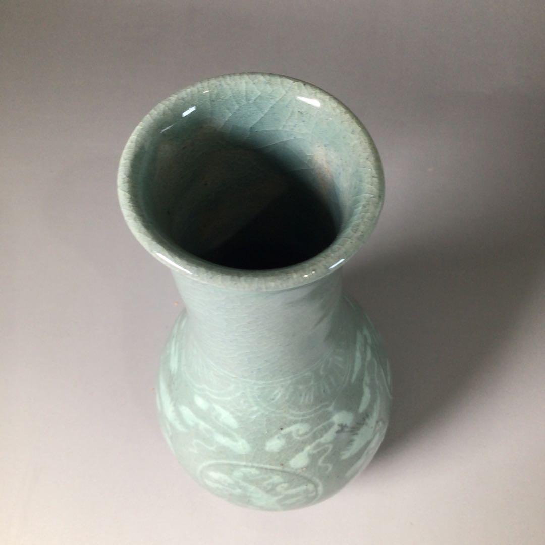 Ｒ９４１　皆具　『李貞夏造』『象嵌雲鶴文』『高麗青磁皆具』　共箱　茶道具