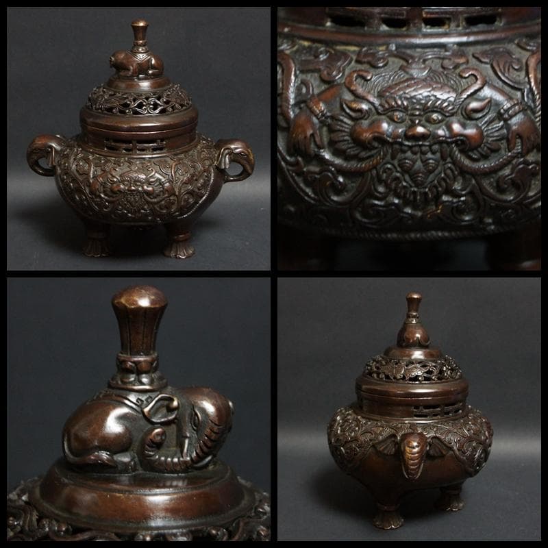 乾隆年製 銅製 金工細工『獅子文』香炉 象摘 象双耳 透かし蓋 三足香炉 銅製台