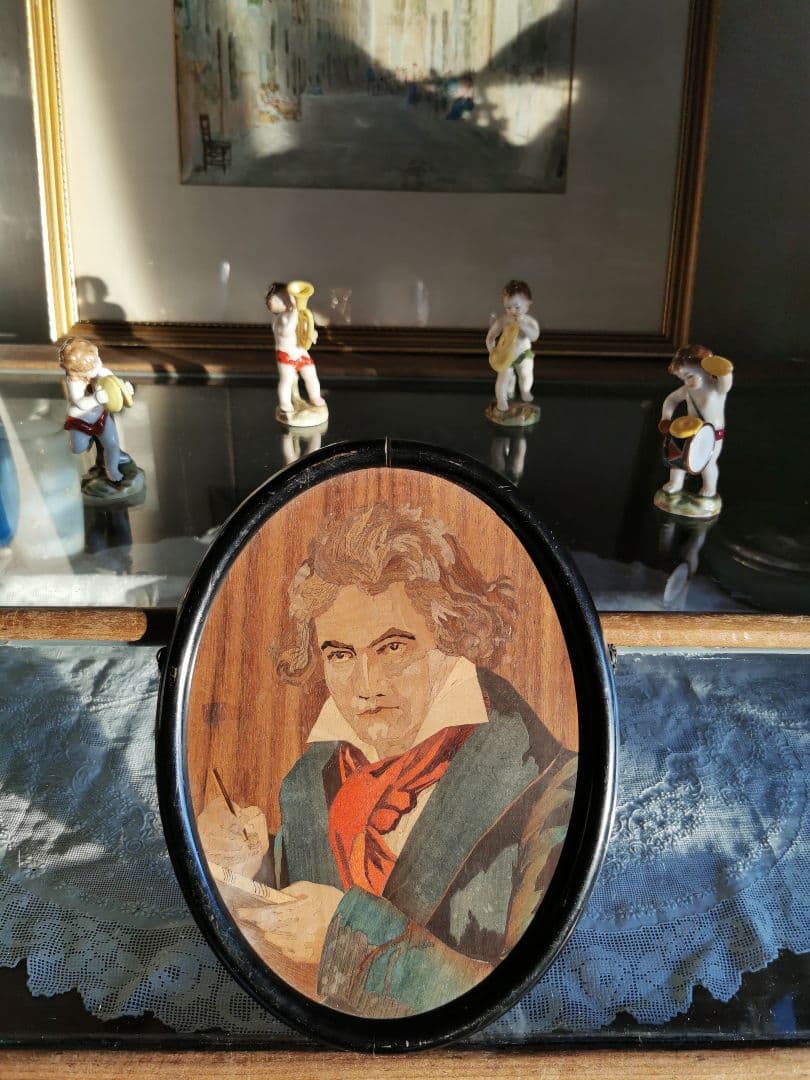 アンティークドイツ ベートーヴェン 象嵌肖像画 マホガニー ブラックフレーム