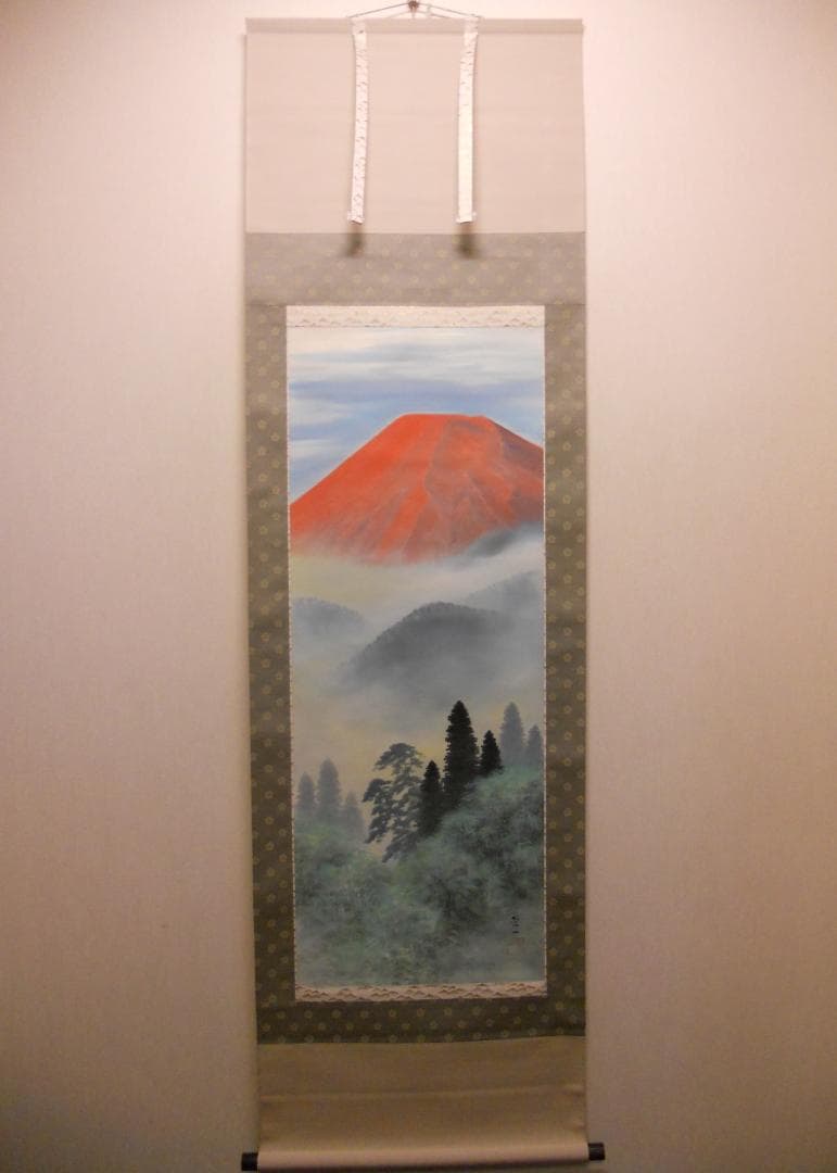 掛け軸 清水栄一 赤富士之図 絹本 希少 軸装 茶道具 掛軸 二重箱 美品 です