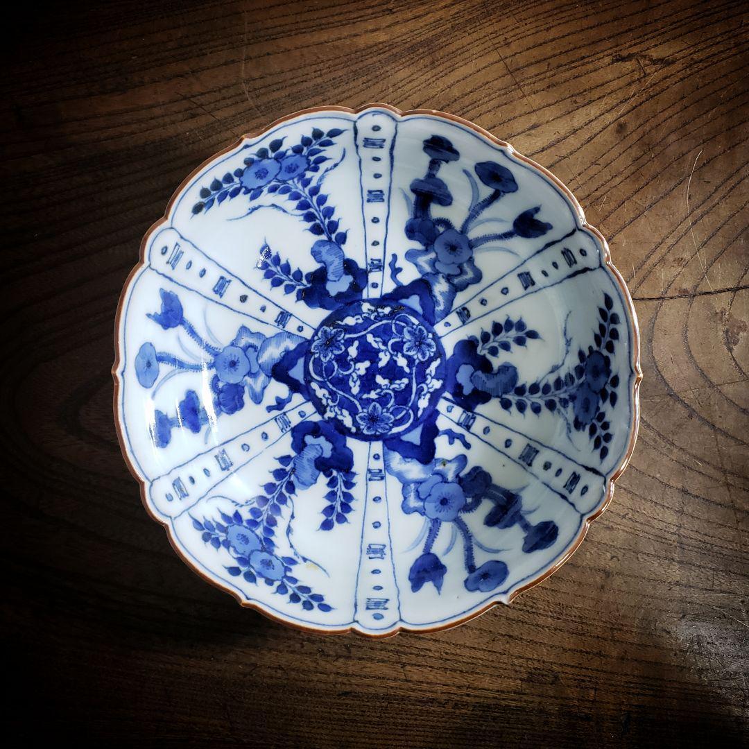 古伊万里 染付 なます皿 芙蓉手 花図 花唐草 イ号 訳あり 縁欠け 明治