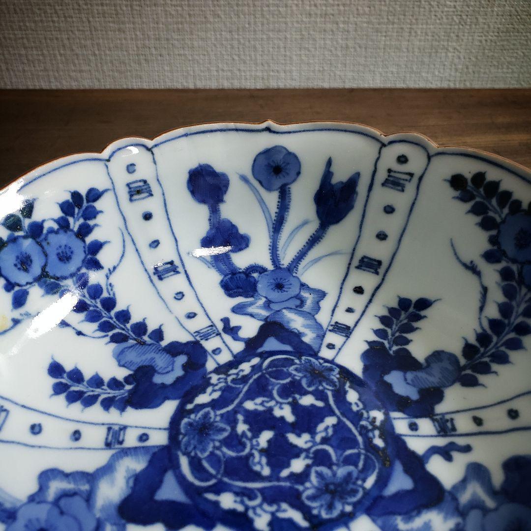 古伊万里 染付 なます皿 芙蓉手 花図 花唐草 イ号 訳あり 縁欠け 明治