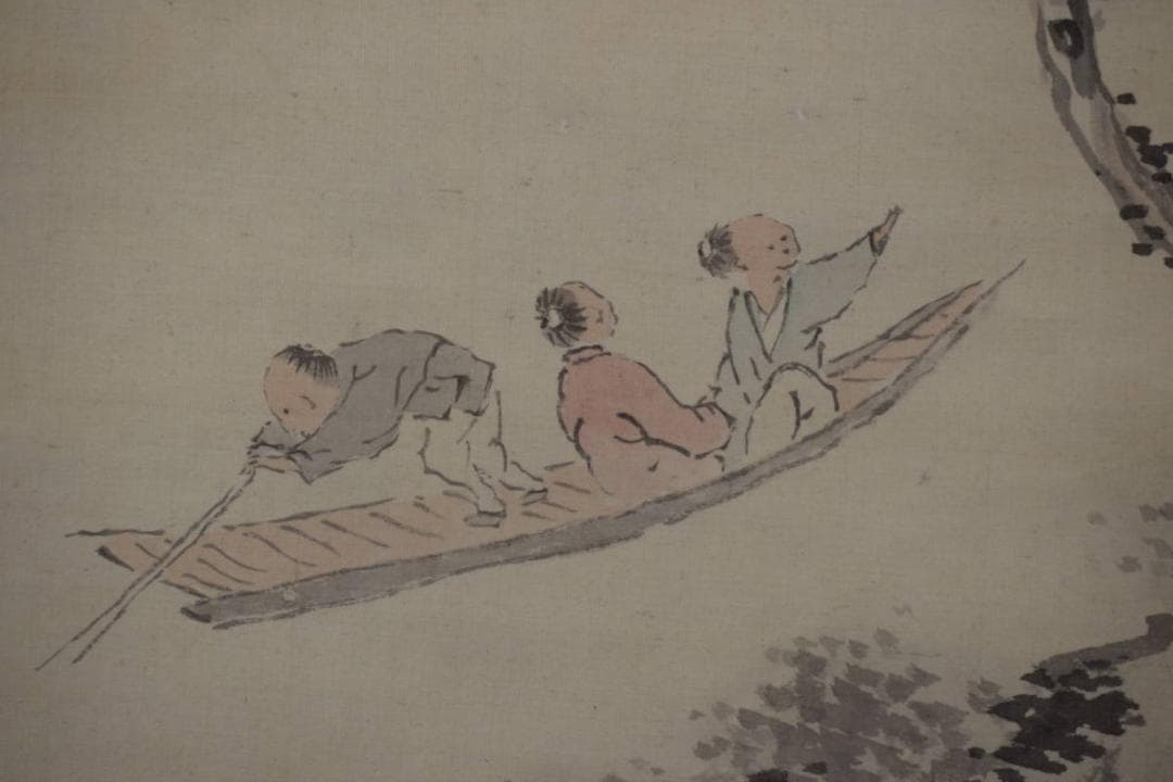 半雲/山水舟人物画賛/淡彩山水図/掛軸☆宝船☆Y-781　JM