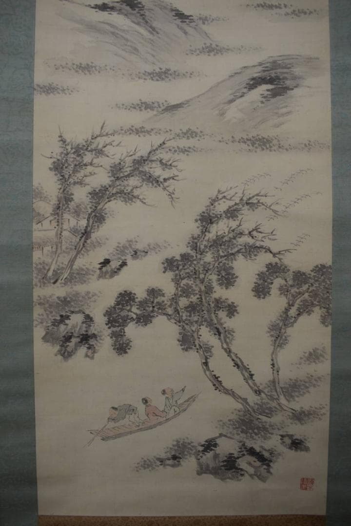 半雲/山水舟人物画賛/淡彩山水図/掛軸☆宝船☆Y-781　JM