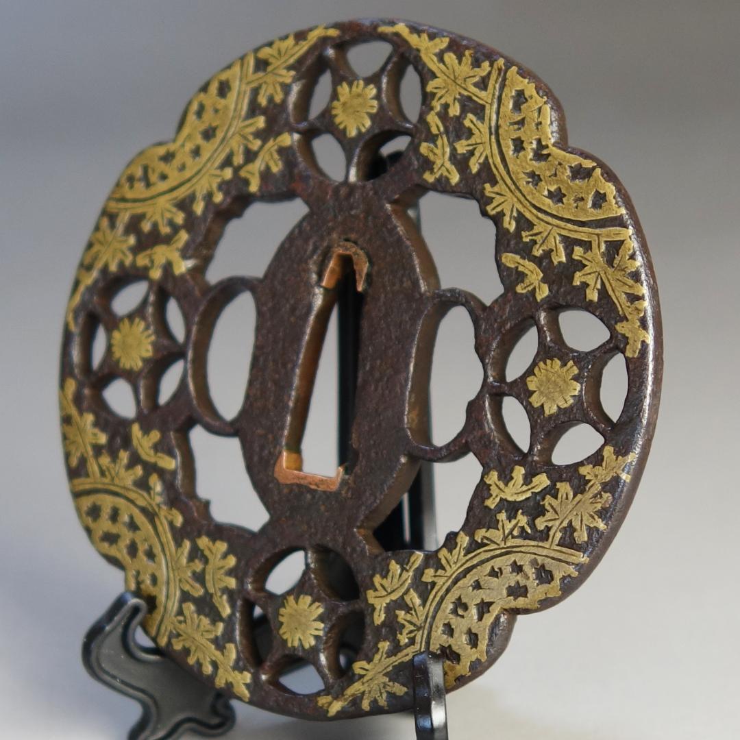 【真鍮象嵌 与四郎鍔】(認定書・鍔箱付き) 鍔 鐔 刀装具 日本刀 武具 骨董