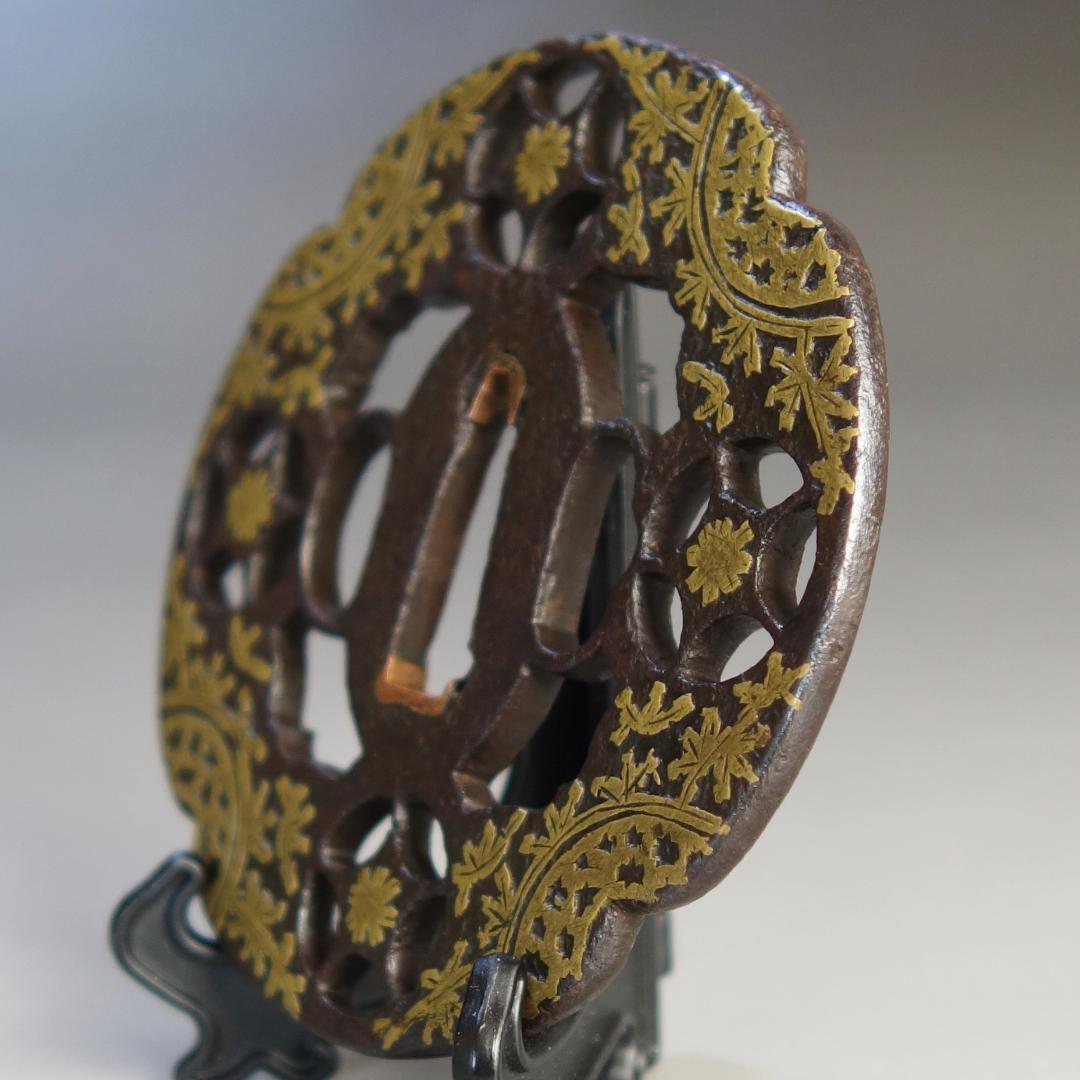 【真鍮象嵌 与四郎鍔】(認定書・鍔箱付き) 鍔 鐔 刀装具 日本刀 武具 骨董