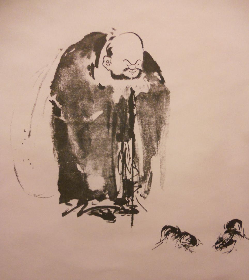 掛け軸 宮本武蔵 『 布袋観闘鶏図 』 絹本 名品 複製 希少 軸装 掛軸 美品