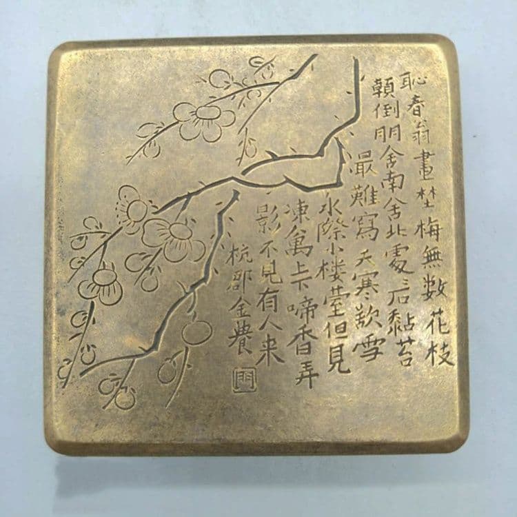 銅製 梅花墨盒 書道墨盒 印泥盒 香盒工芸品 美術品 置物