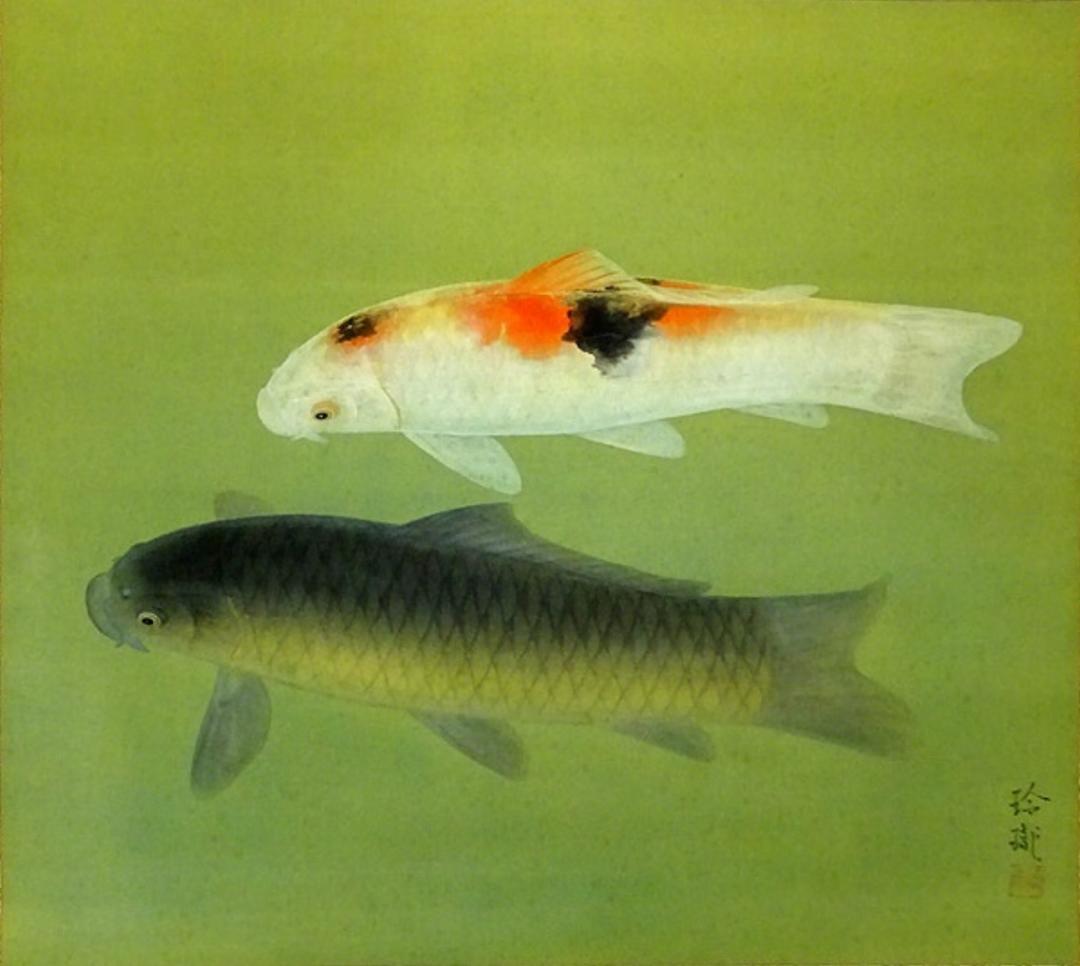 【真作】掛軸 奥村玲瓏『鯉図』絹本 肉筆 共箱付 掛け軸 a091615