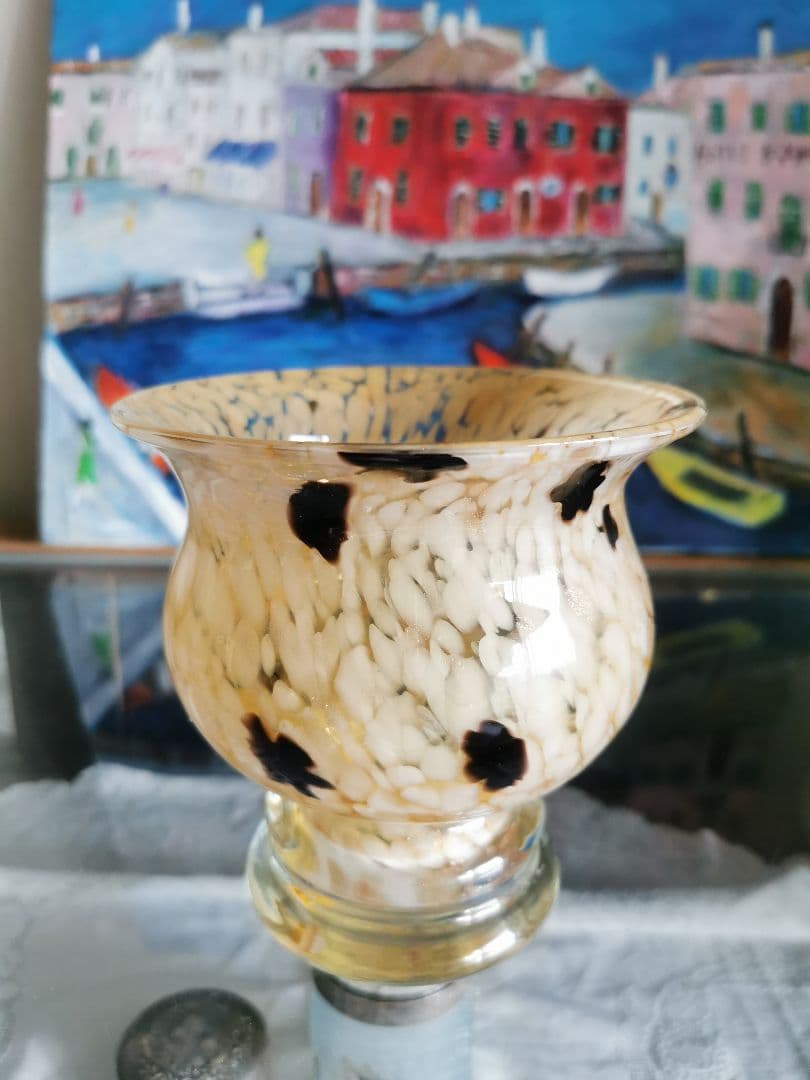 アンティーク ヴェネチアンガラス アンバー＆白＆鼈甲色＆金粉 工房物ラージベース