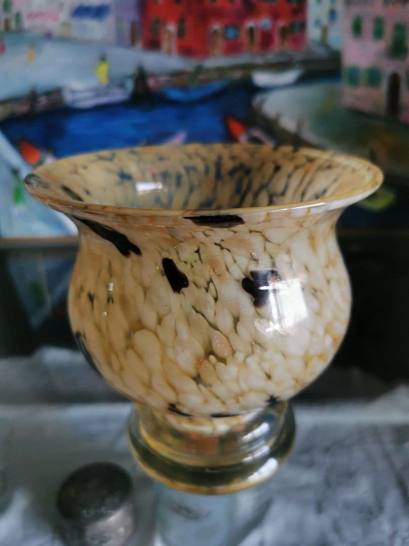 アンティーク ヴェネチアンガラス アンバー＆白＆鼈甲色＆金粉 工房物ラージベース