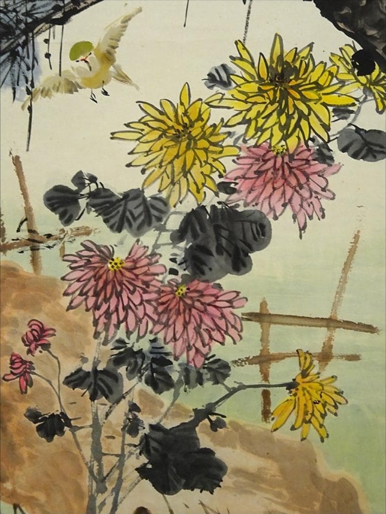 掛軸 2本セット 胡健華『花鳥図』中国画 紙本 肉筆 掛け軸