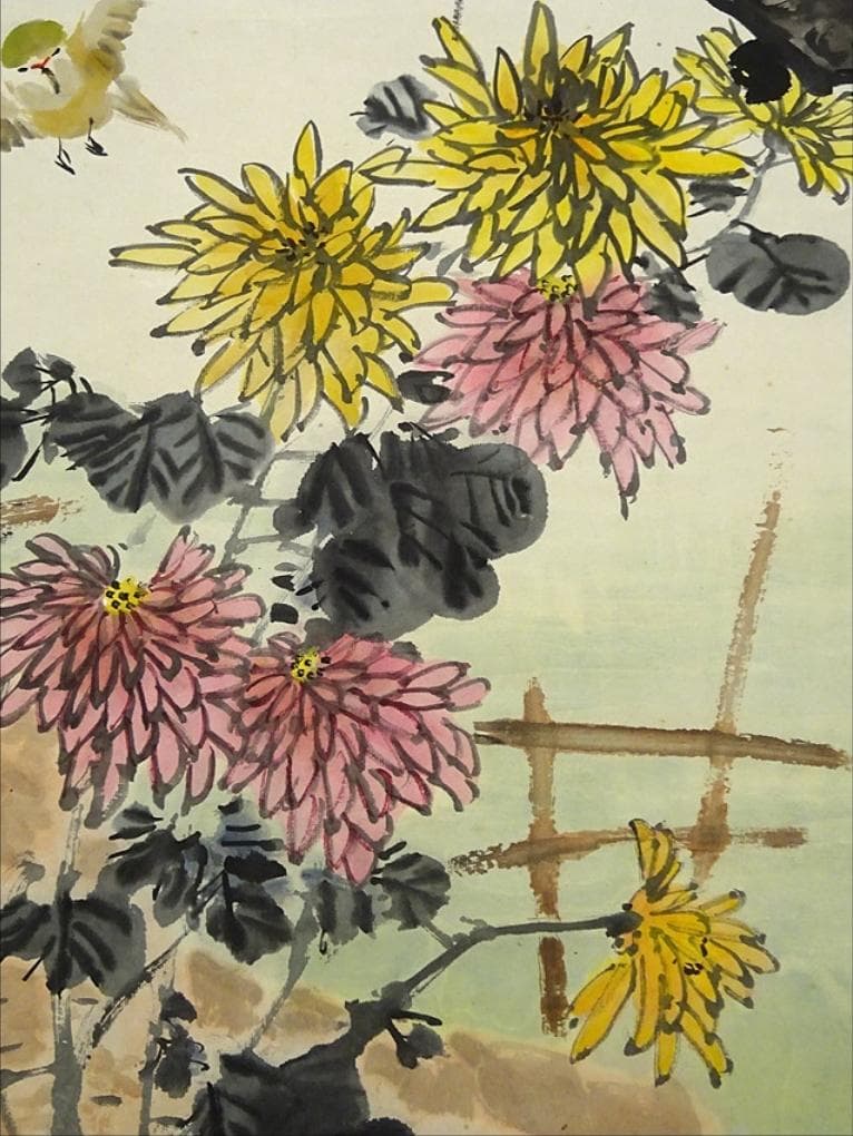 掛軸 2本セット 胡健華『花鳥図』中国画 紙本 肉筆 掛け軸