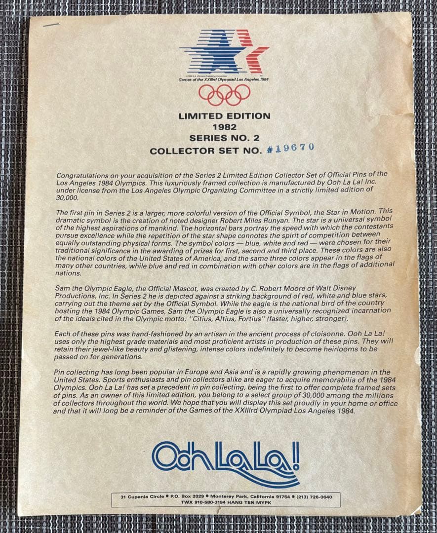 1984ロス五輪マスコット額入りピンバッチ
