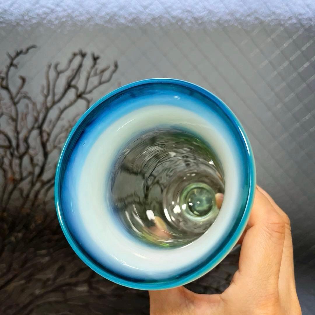 骨董　時代ガラス　超希少！　水色乳白暈し　ベル型　若草色ガラス　氷コップ