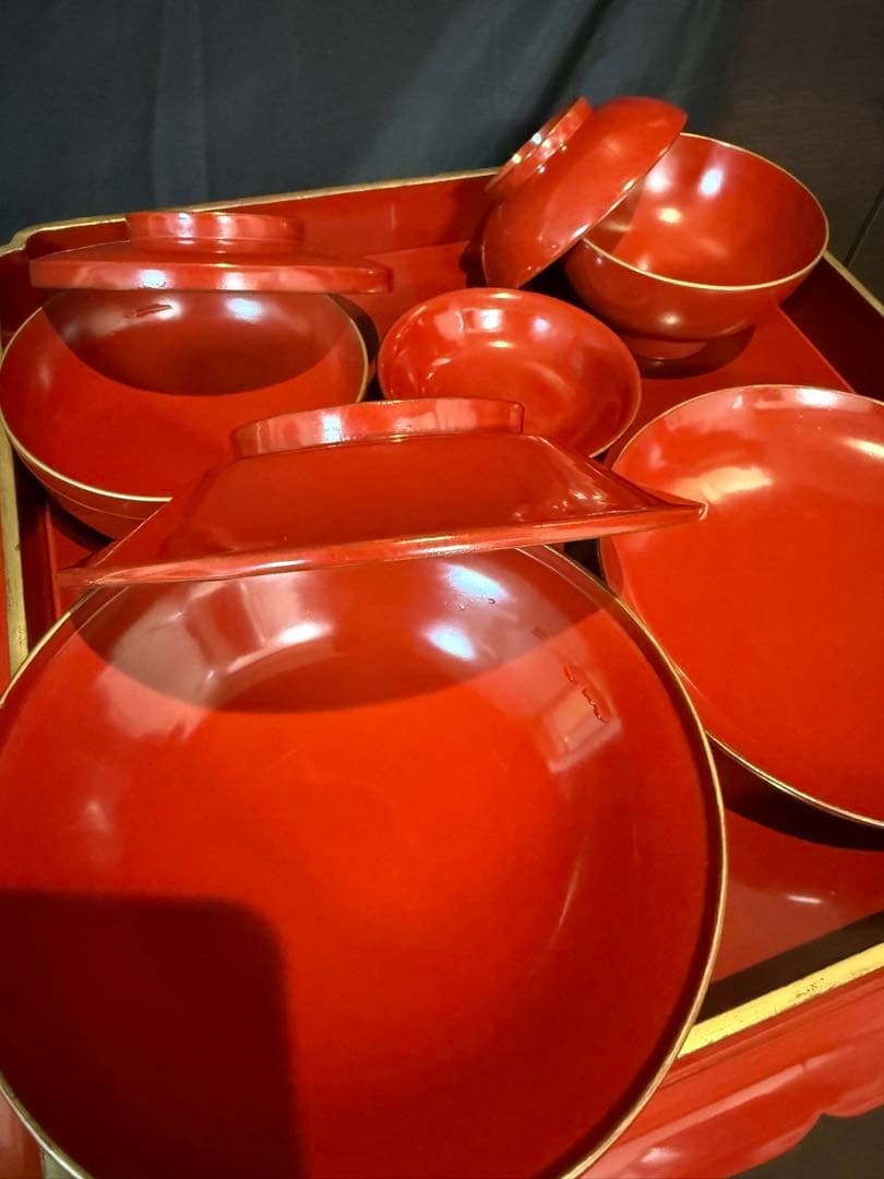 御膳セット　和尚膳　漆塗り　木製　食器　金縁　13点