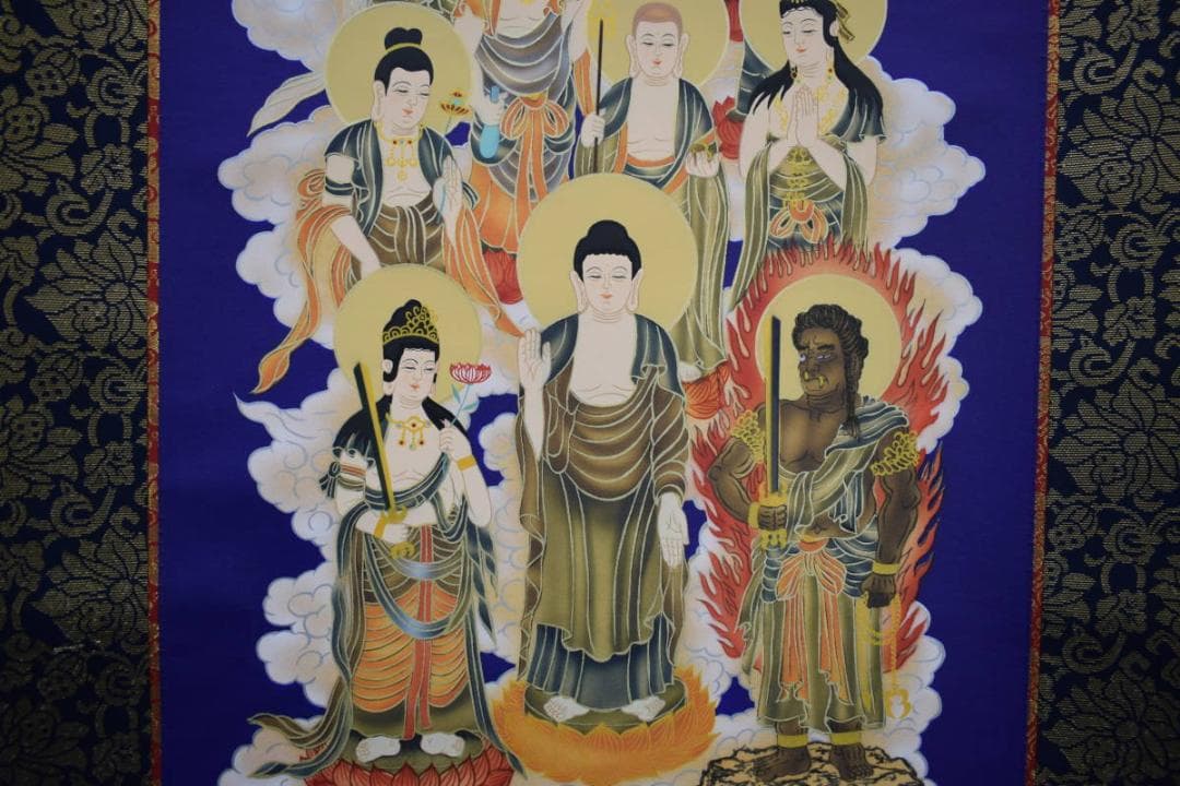 真作/片山白樹/十三佛図/不動明王/タトウ箱付/布袋屋掛軸HJ-627