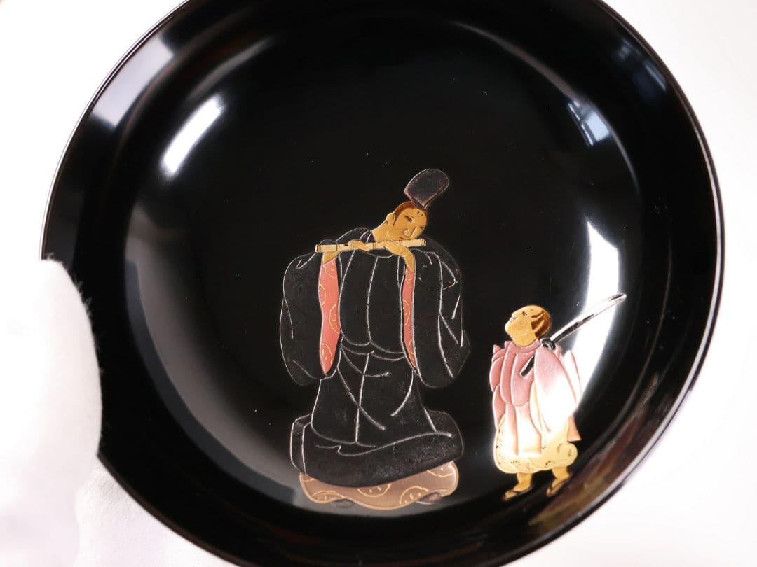 【MB197】輪島塗 天然木漆塗 黒塗椀 五客 蒔絵 大和絵 源氏絵 人物 昭和