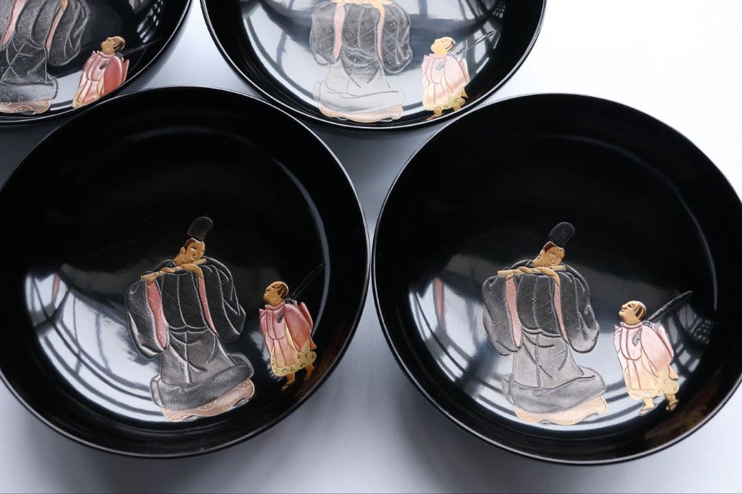 【MB197】輪島塗 天然木漆塗 黒塗椀 五客 蒔絵 大和絵 源氏絵 人物 昭和