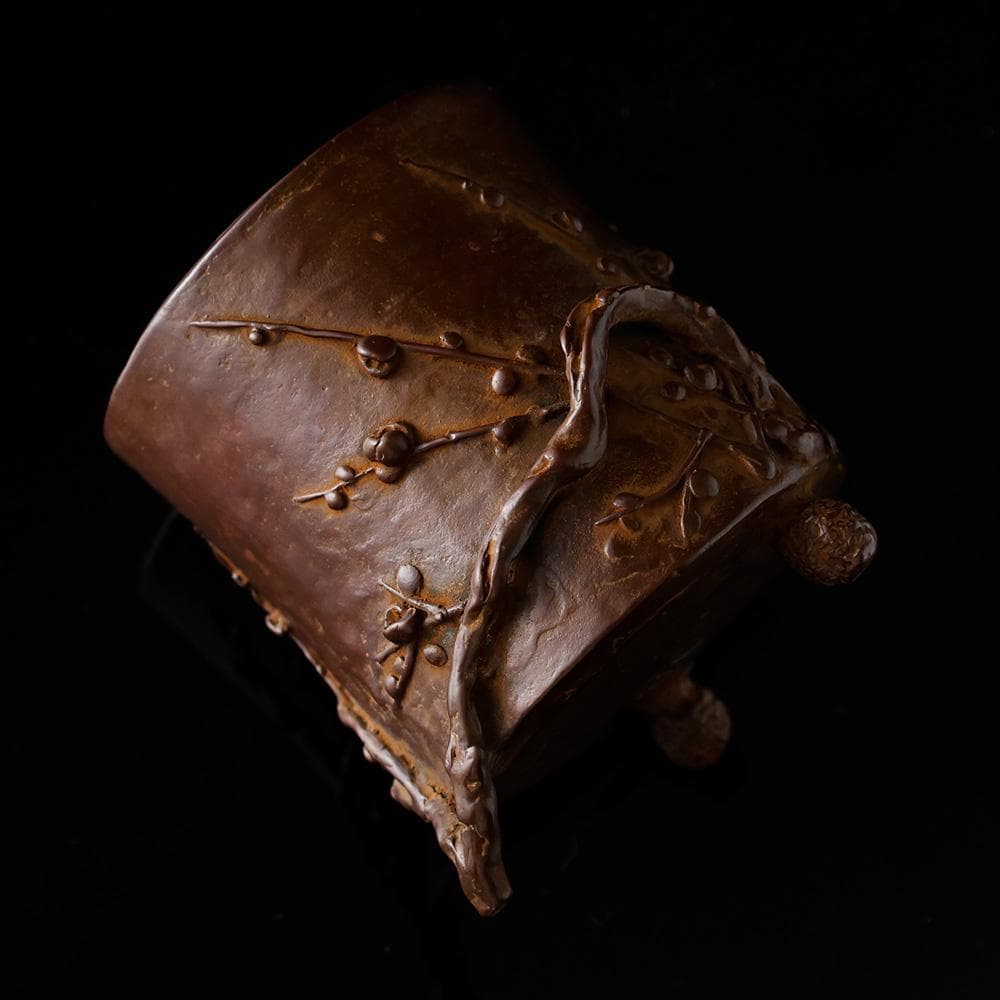 三好外栄 号 三治 蝋型鋳銅 香炉 梅花彫 透かし蓋 三つ足香炉 共箱 共布 栞