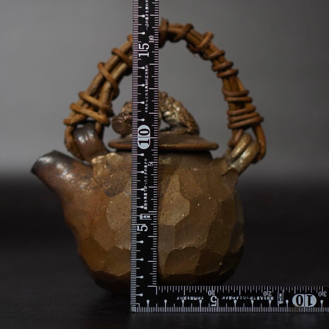 SNT727 備前焼 竹内靖之 造 龍摘み 籐手付き 面取り 土瓶 煎茶道具