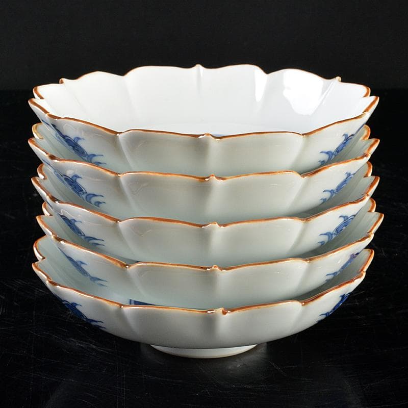 和食器　平安　三浦竹泉造　染付　吉文　輪花皿　五客　F　R5165